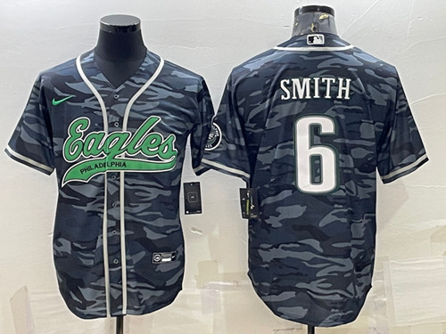 Men's Philadelphia Eagles #6 DeVonta Smith Gray Camo With Patch Cool Base Stitched Baseball Jersey